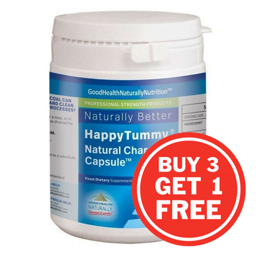 Happy Tummy Charcoal - 4 x 100 Capsules ( ONE POT FREE )